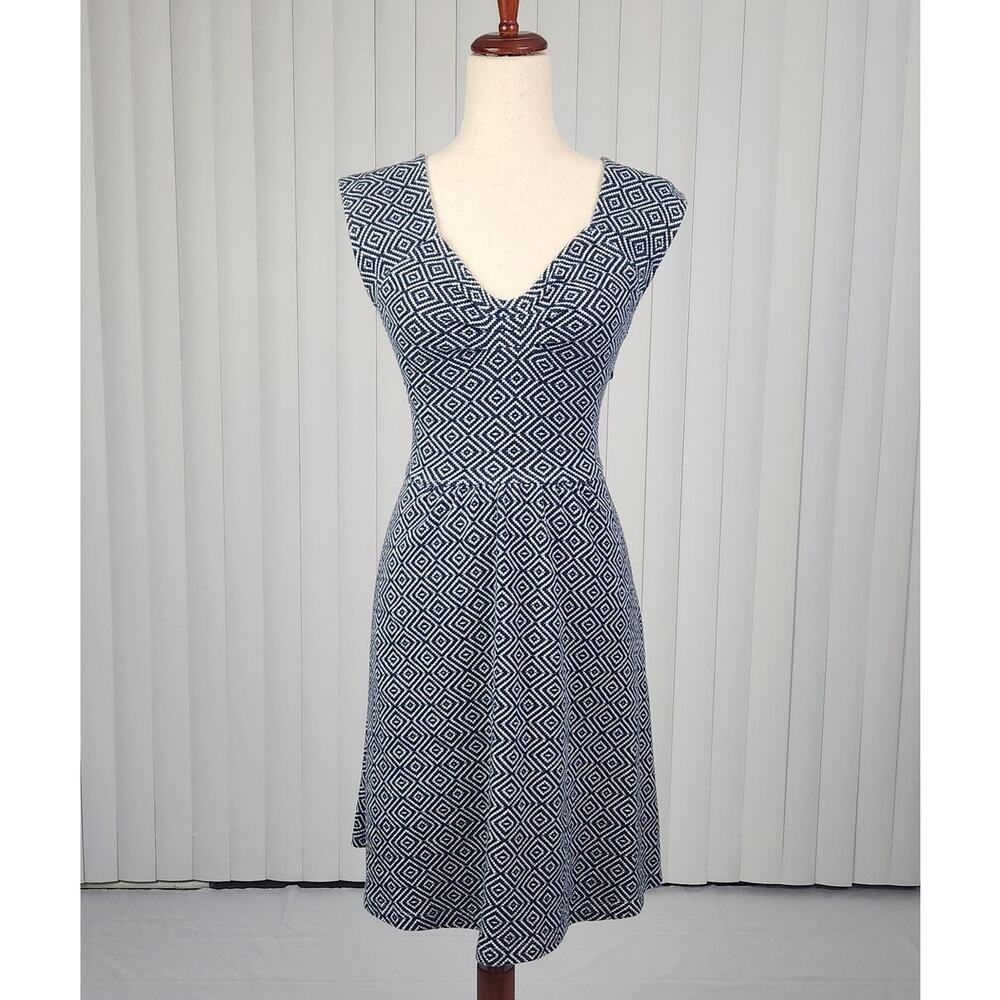 Anthropologie Postmark Matilde Diamond Print Dress Blue White US Size 6